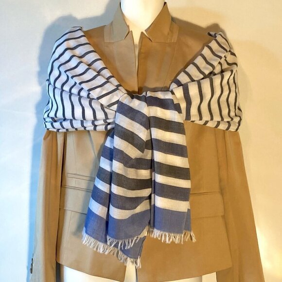 Blue & White stripe semi sheer 32x81 scarf or wrap nautical beachy resort denim - Picture 3 of 6